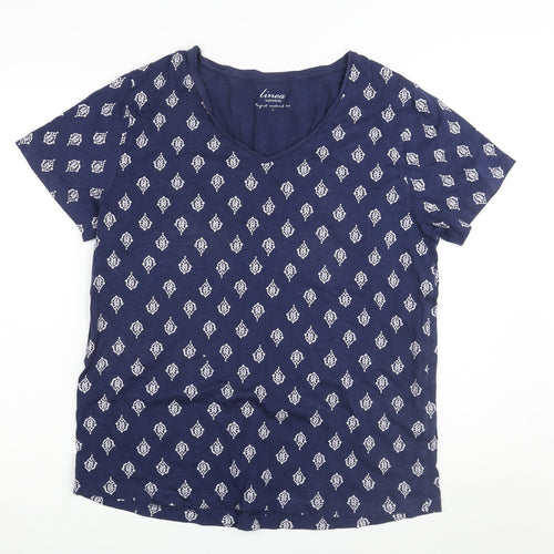 Linea Womens Blue Geometric Cotton Basic T-Shirt Size L V-Neck