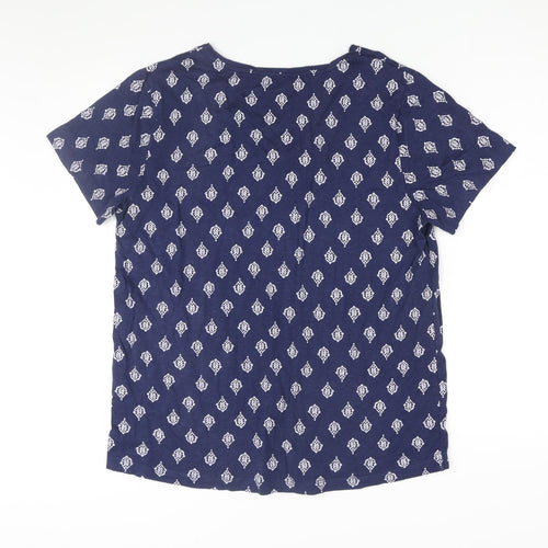 Linea Womens Blue Geometric Cotton Basic T-Shirt Size L V-Neck