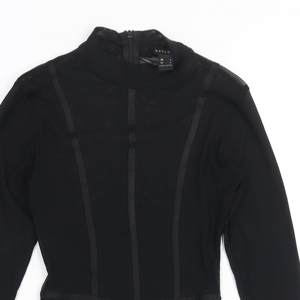 Revamped Womens Black Polyester Bodysuit One-Piece Size L Zip - Semi Sheer