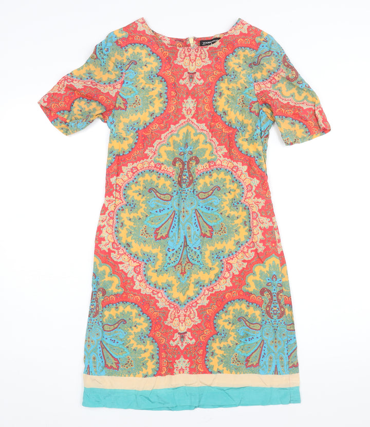 Warehouse Womens Multicoloured Geometric Silk Shift Size 8 Round Neck Zip