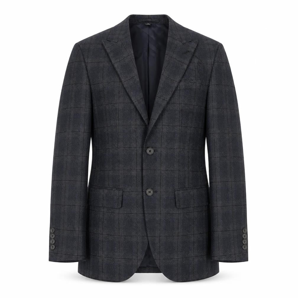 Front view of Marks & Spencer men’s blue check polyester jacket suit jacket, size 34, regular