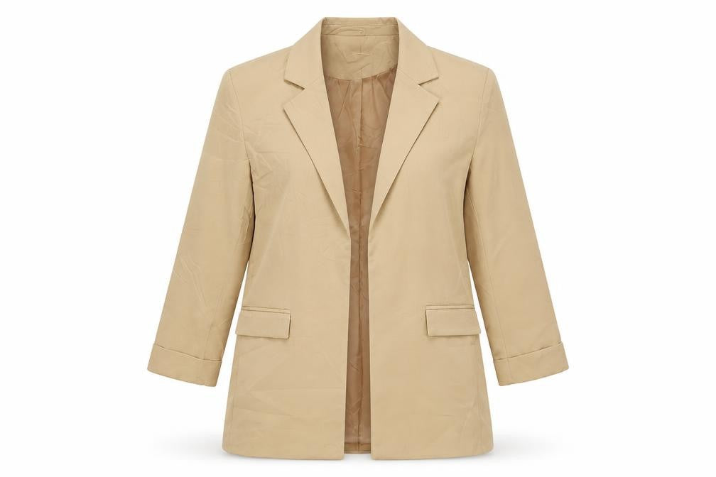 Front view of New Look women’s beige jacket blazer, size UK 8, - open