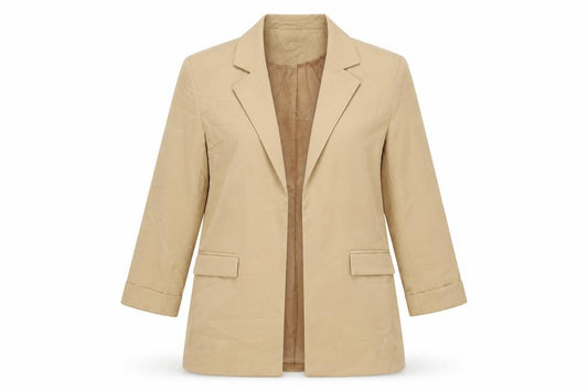 Front view of New Look women’s beige jacket blazer, size UK 8, - open