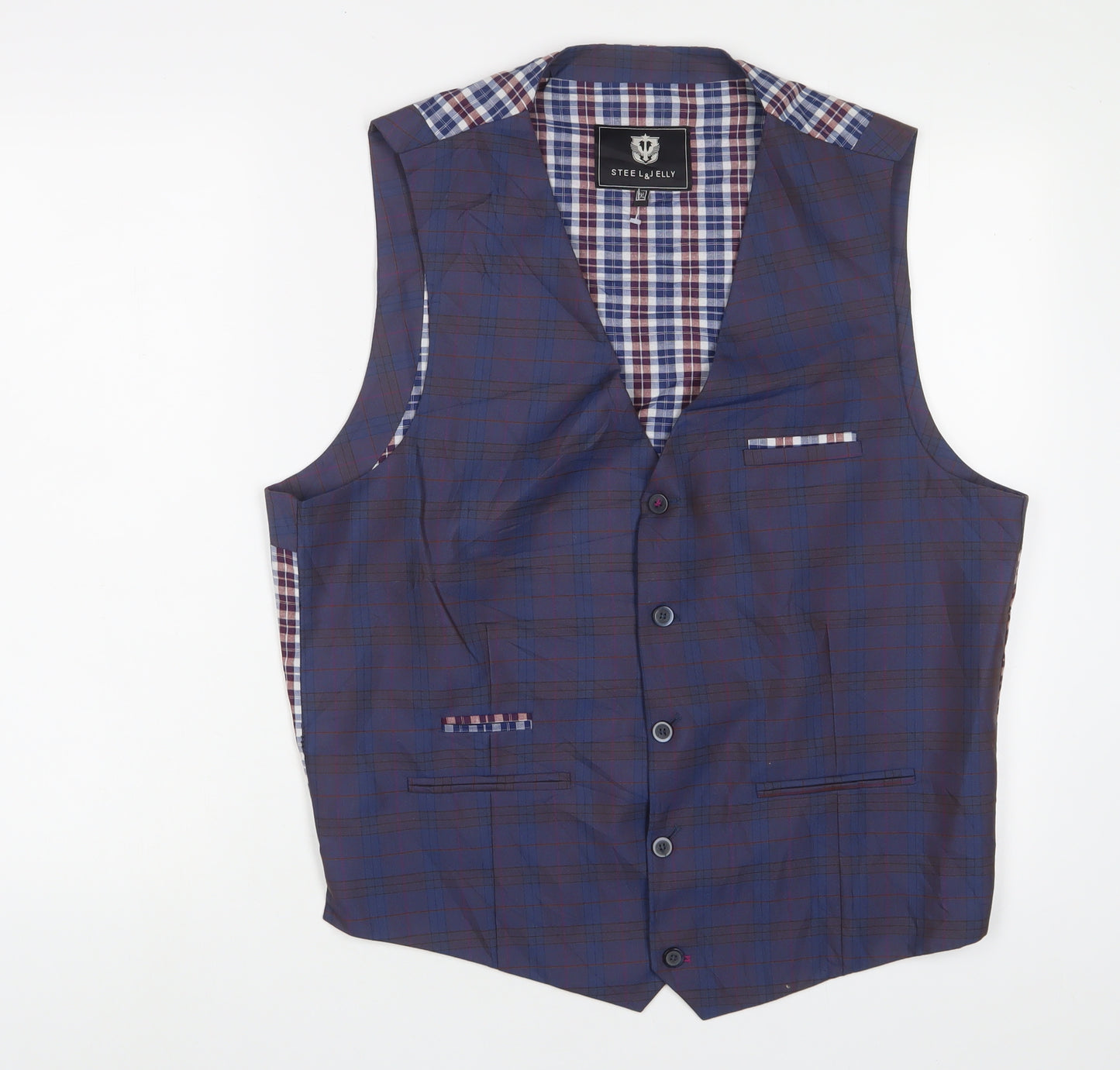 Steal & Jelly Mens Blue Plaid Polyester Jacket Suit Waistcoat Size 2XL Regular