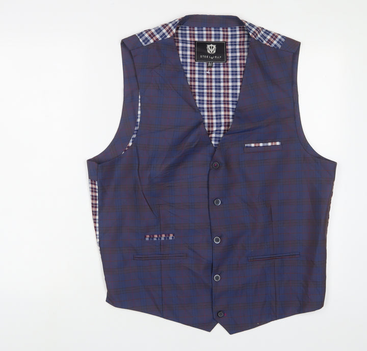 Steal & Jelly Mens Blue Plaid Polyester Jacket Suit Waistcoat Size 2XL Regular