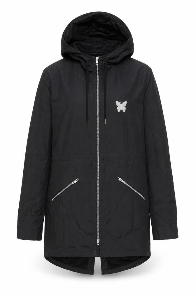 Front view of Good For Nothing women’s black jacket coat, size M, zip - butterfly, embroidered