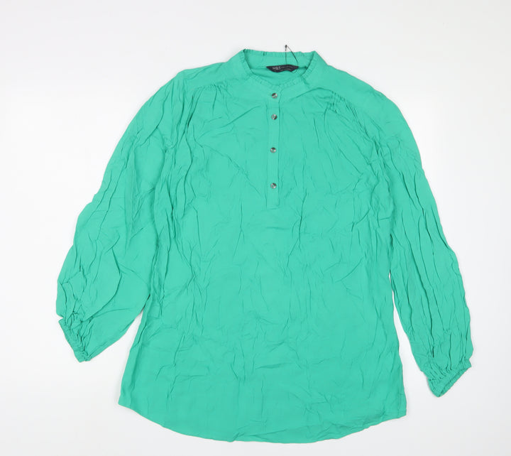 Marks and Spencer Womens Green Viscose Basic Blouse Size 10 V-Neck - Pleated