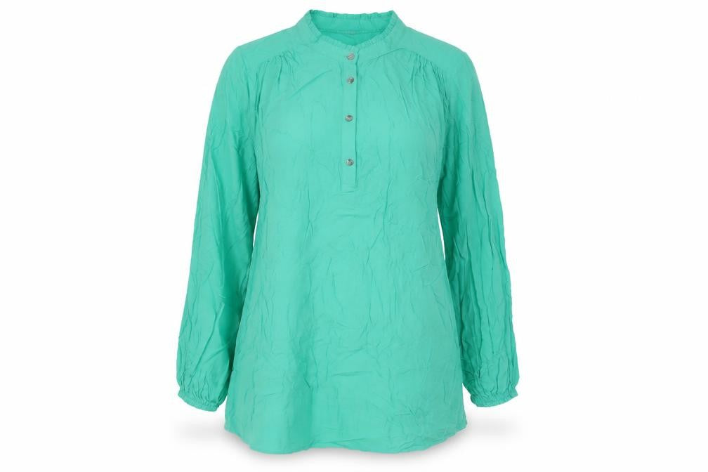 Front view of Marks & Spencer women’s green viscose basic blouse, size UK 10, v-neck - pleated