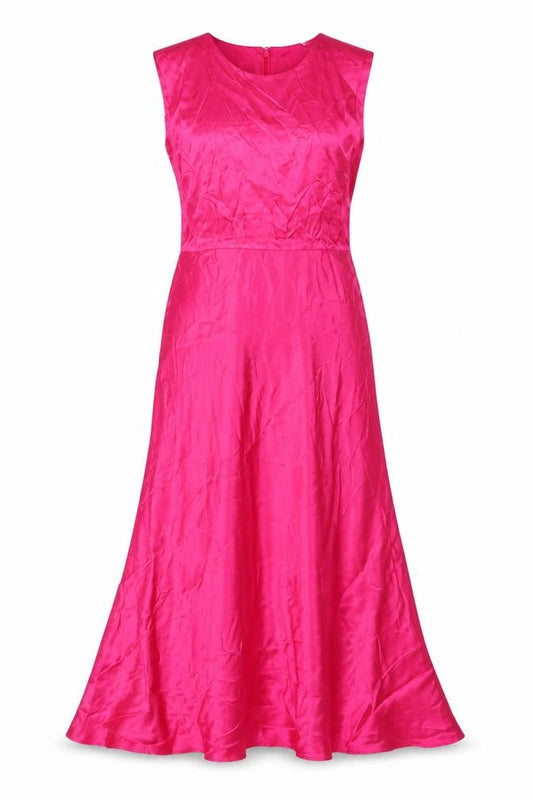 Front view of Marks & Spencer women’s pink viscose a-line, size UK 6, boat neck zip - belted