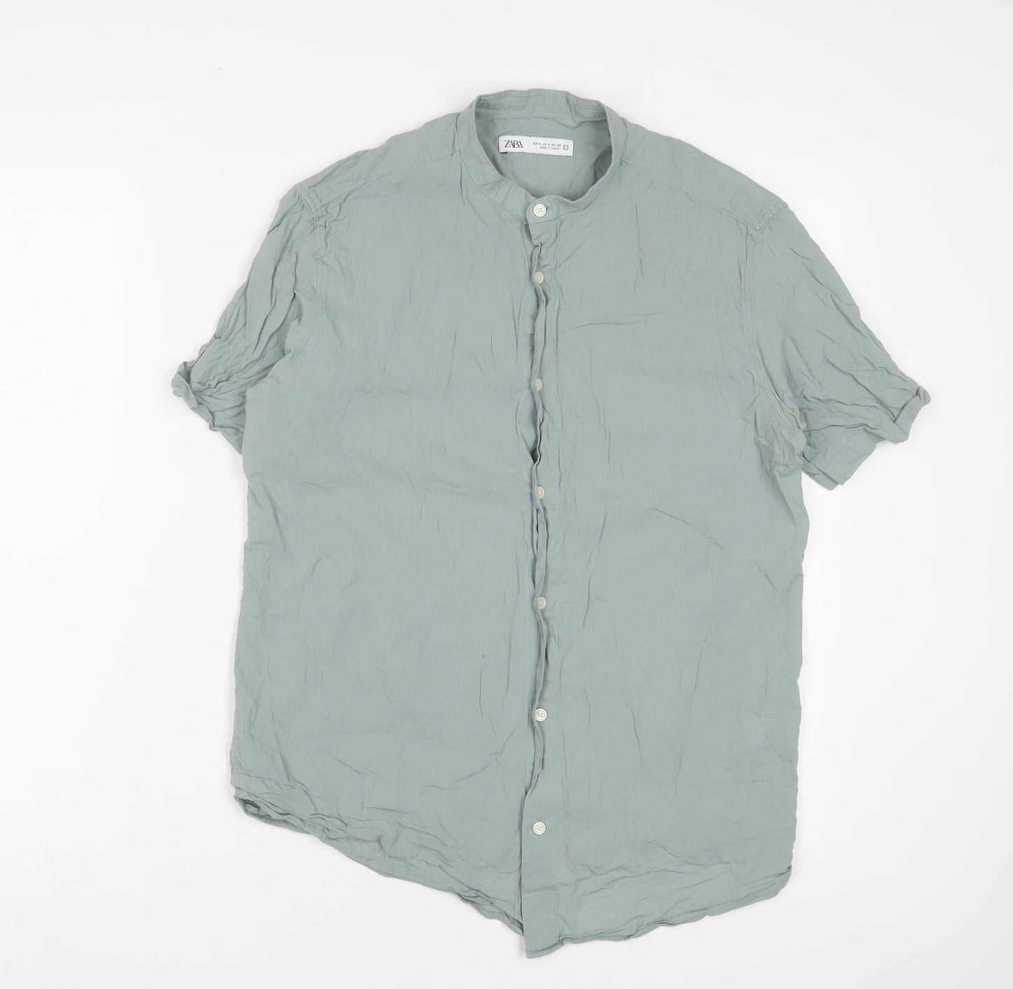 Zara Mens Green Cotton Button-Up Size S Crew Neck Button