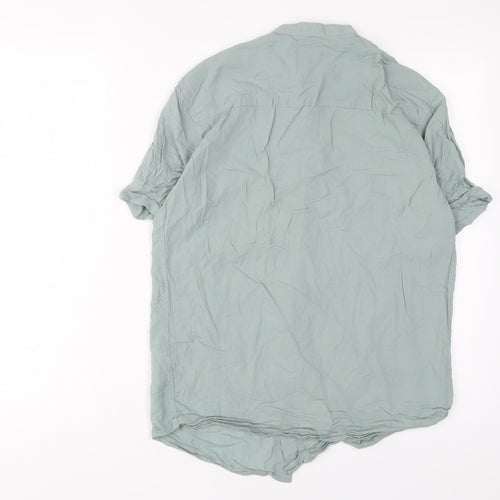 Zara Mens Green Cotton Button-Up Size S Crew Neck Button