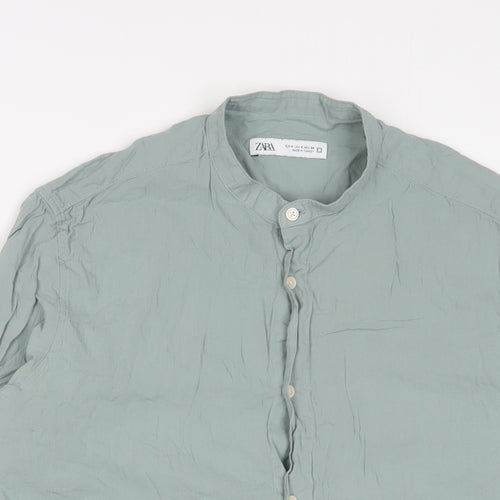 Zara Mens Green Cotton Button-Up Size S Crew Neck Button