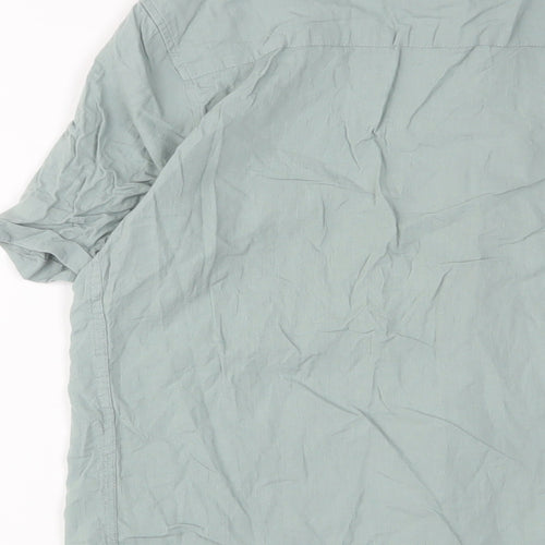 Zara Mens Green Cotton Button-Up Size S Crew Neck Button