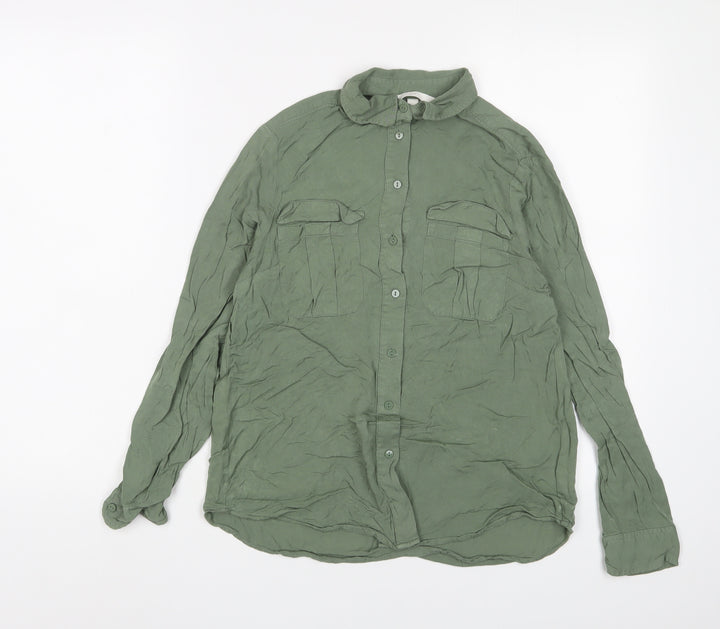 H&M Womens Green Viscose Basic Button-Up Size 6 Collared
