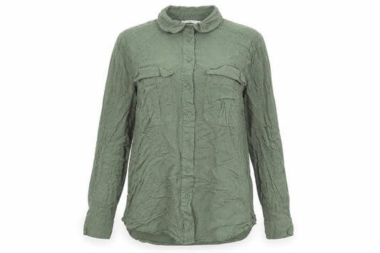 Front view of H&M women’s green viscose basic button-up, size UK 6, collared