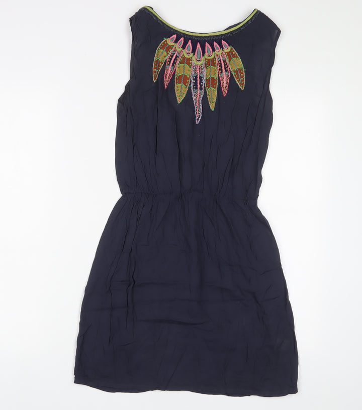 Warehouse Womens Blue Viscose A-Line Size 8 Boat Neck Tie - Embroidered, Beaded