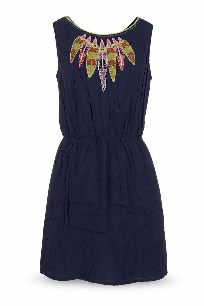 Warehouse Womens Blue Viscose A-Line Size 8 Boat Neck Tie - Embroidered, Beaded