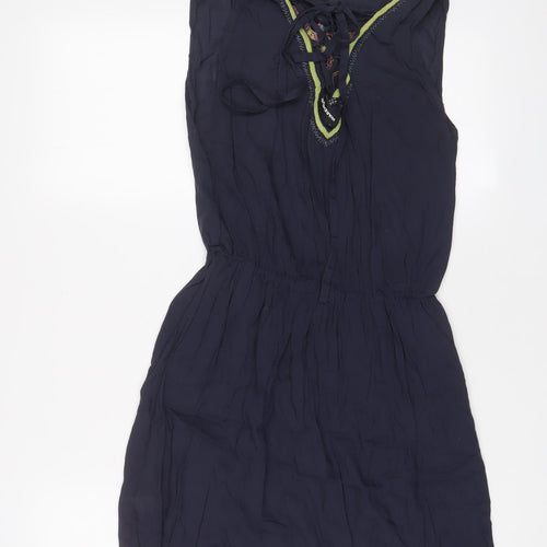 Warehouse Womens Blue Viscose A-Line Size 8 Boat Neck Tie - Embroidered, Beaded