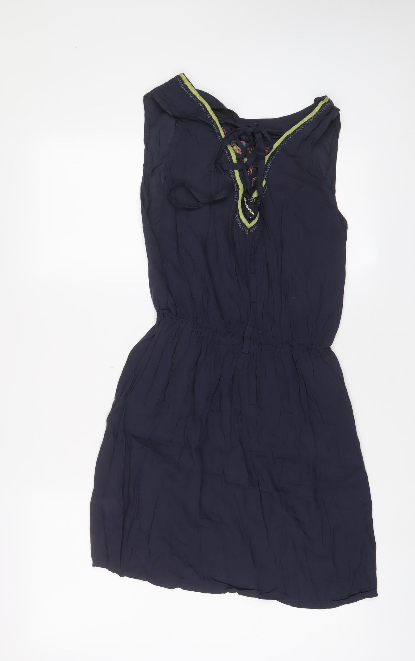 Warehouse Womens Blue Viscose A-Line Size 8 Boat Neck Tie - Embroidered, Beaded