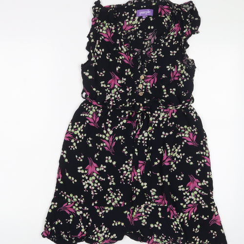 Purple Womens Multicoloured Floral Viscose A-Line Size S V-Neck Button - Frill, Belted