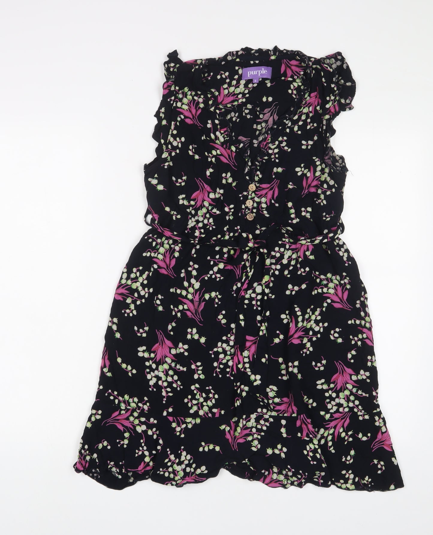 Purple Womens Multicoloured Floral Viscose A-Line Size S V-Neck Button - Frill, Belted
