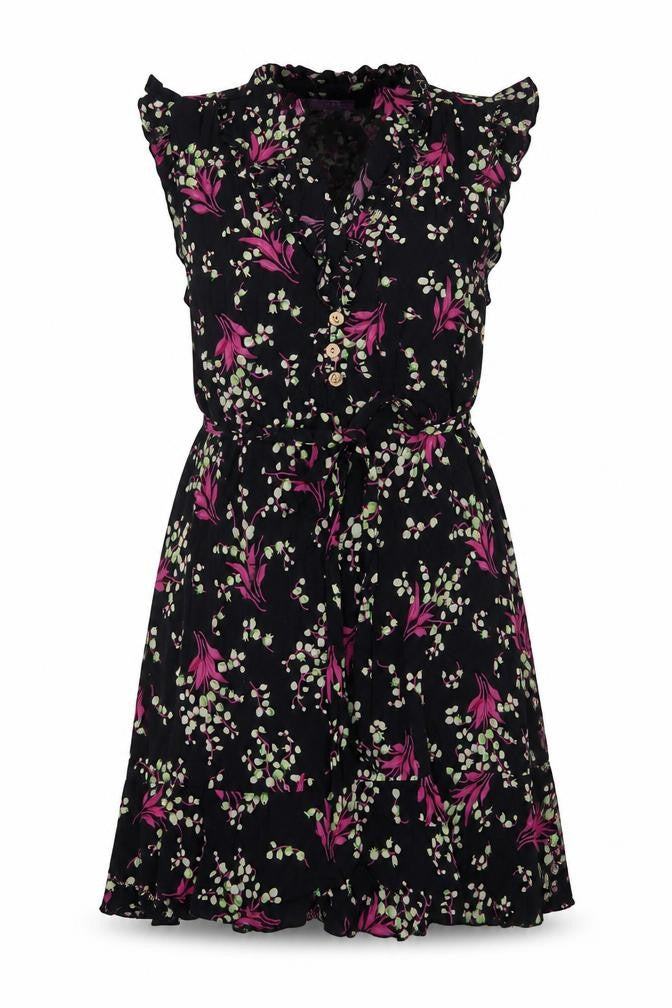 Purple Womens Multicoloured Floral Viscose A-Line Size S V-Neck Button - Frill, Belted