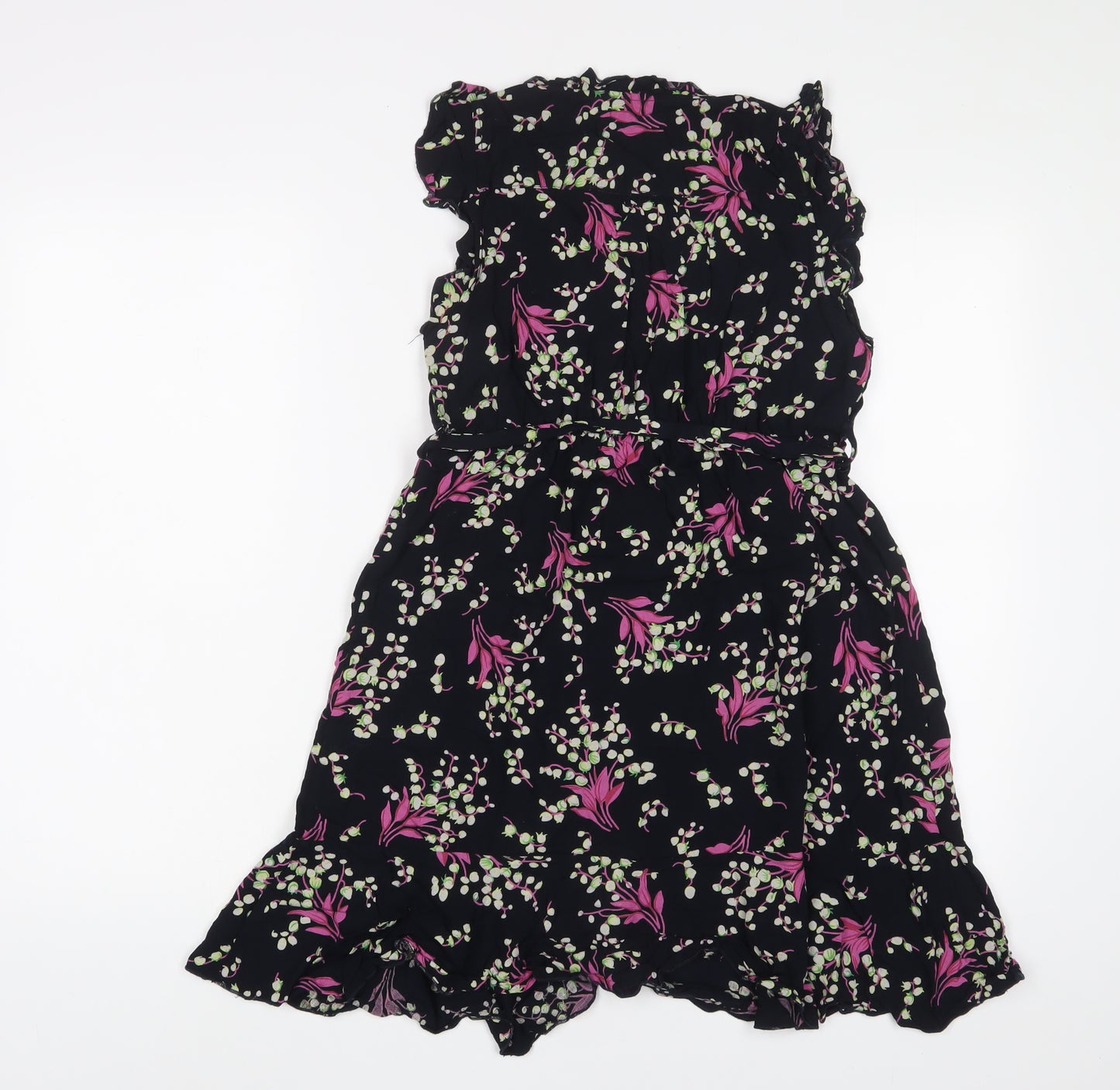 Purple Womens Multicoloured Floral Viscose A-Line Size S V-Neck Button - Frill, Belted