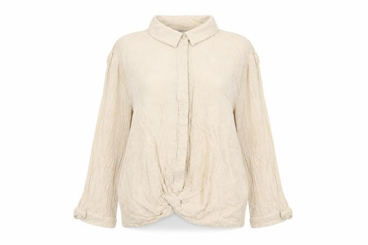 Front view of Vero Moda women’s beige linen basic button-up, size S, collared
