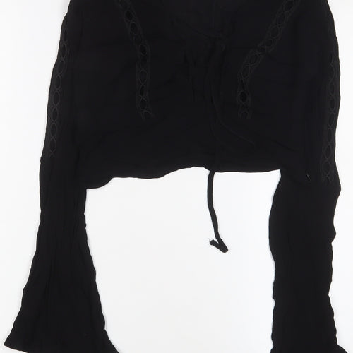 FOREVER 21 Womens Black Viscose Cropped Blouse Size S V-Neck - Embroidered