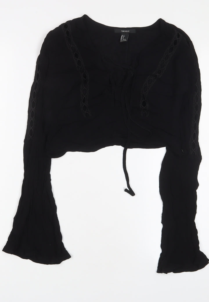 FOREVER 21 Womens Black Viscose Cropped Blouse Size S V-Neck - Embroidered