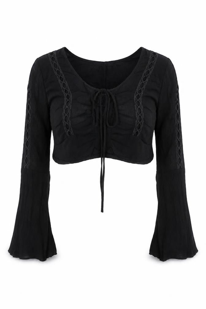 FOREVER 21 Womens Black Viscose Cropped Blouse Size S V-Neck - Embroidered