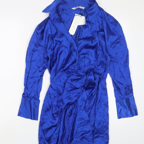 Zara Womens Blue Viscose Wrap Dress Size 12 V-Neck Tie - Belted