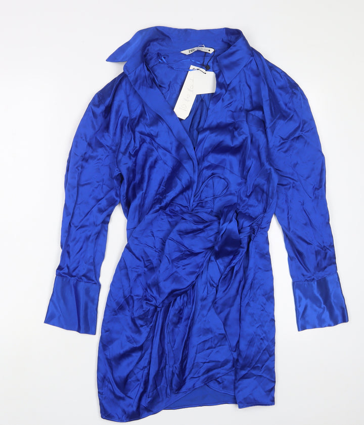 Zara Womens Blue Viscose Wrap Dress Size 12 V-Neck Tie - Belted