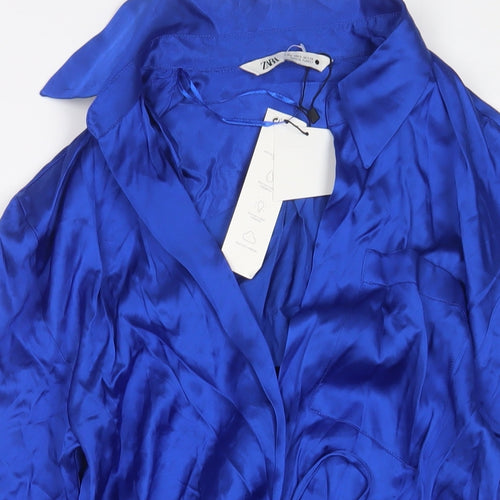 Zara Womens Blue Viscose Wrap Dress Size 12 V-Neck Tie - Belted