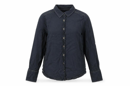 Front view of Marks & Spencer women’s blue viscose basic button-up, size UK 6, collared