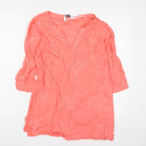 New Look Womens Pink Cotton A-Line Size 12 V-Neck Pullover - Embroidered, Sequins