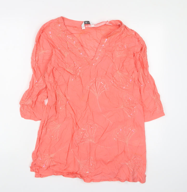 New Look Womens Pink Cotton A-Line Size 12 V-Neck Pullover - Embroidered, Sequins