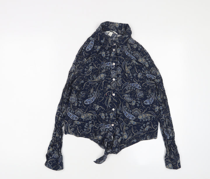 H&M Womens Blue Fair Isle Viscose Basic Button-Up Size 10 Collared - Tie Front