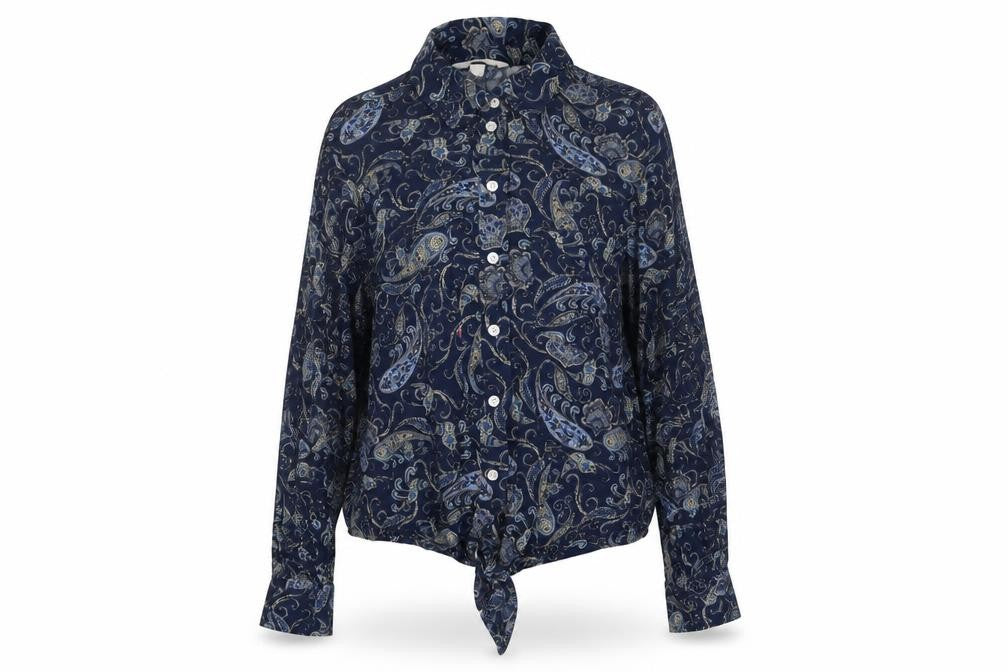 Front view of H&M women’s blue fair isle viscose basic button-up, size UK 10, collared - tie front