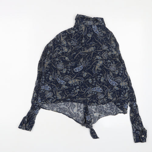H&M Womens Blue Fair Isle Viscose Basic Button-Up Size 10 Collared - Tie Front
