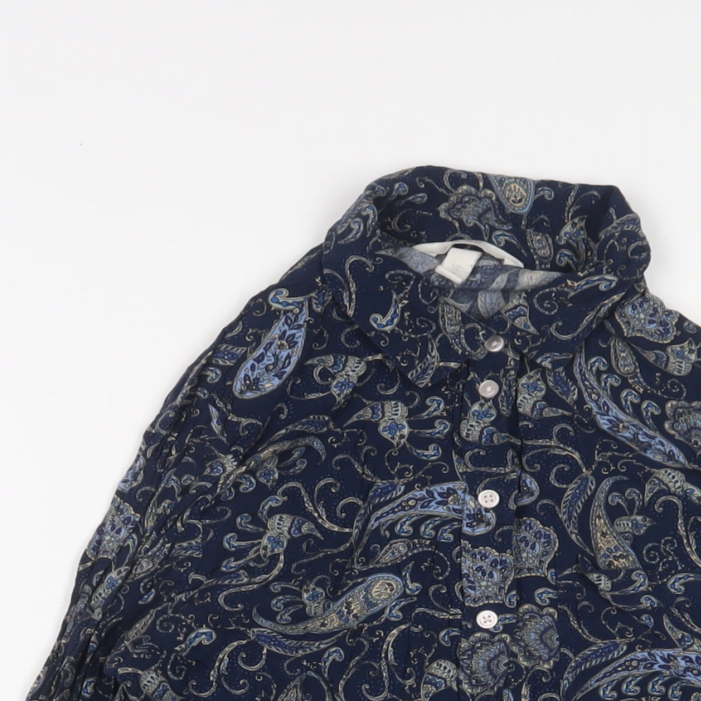 H&M Womens Blue Fair Isle Viscose Basic Button-Up Size 10 Collared - Tie Front
