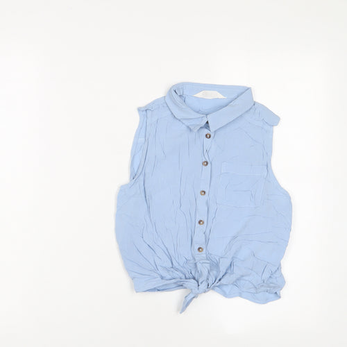 H&M Girls Blue Viscose Basic Button-Up Size 13-14 Years Collared Button