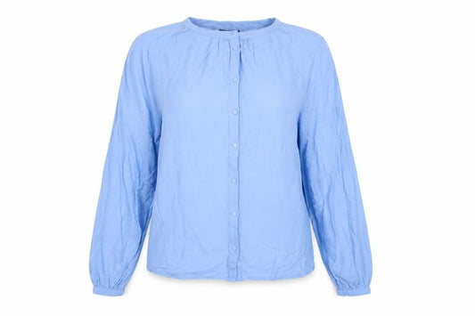 Front view of Warehouse women’s blue viscose basic button-up, size UK 12, crew neck