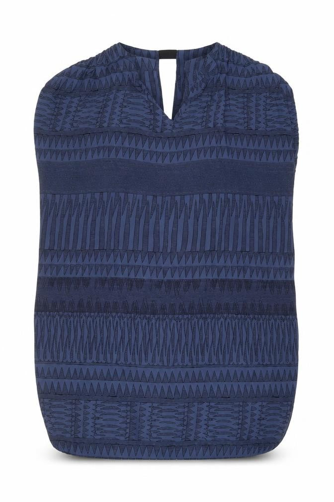 Front view of Saint Tropez Clothing women’s blue geometric viscose a-line, size L, v-neck pullover