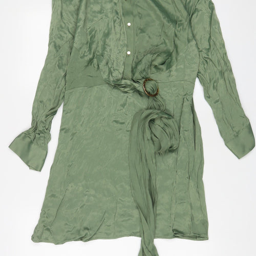 Zara Womens Green Viscose A-Line Size L Collared Button - Belted