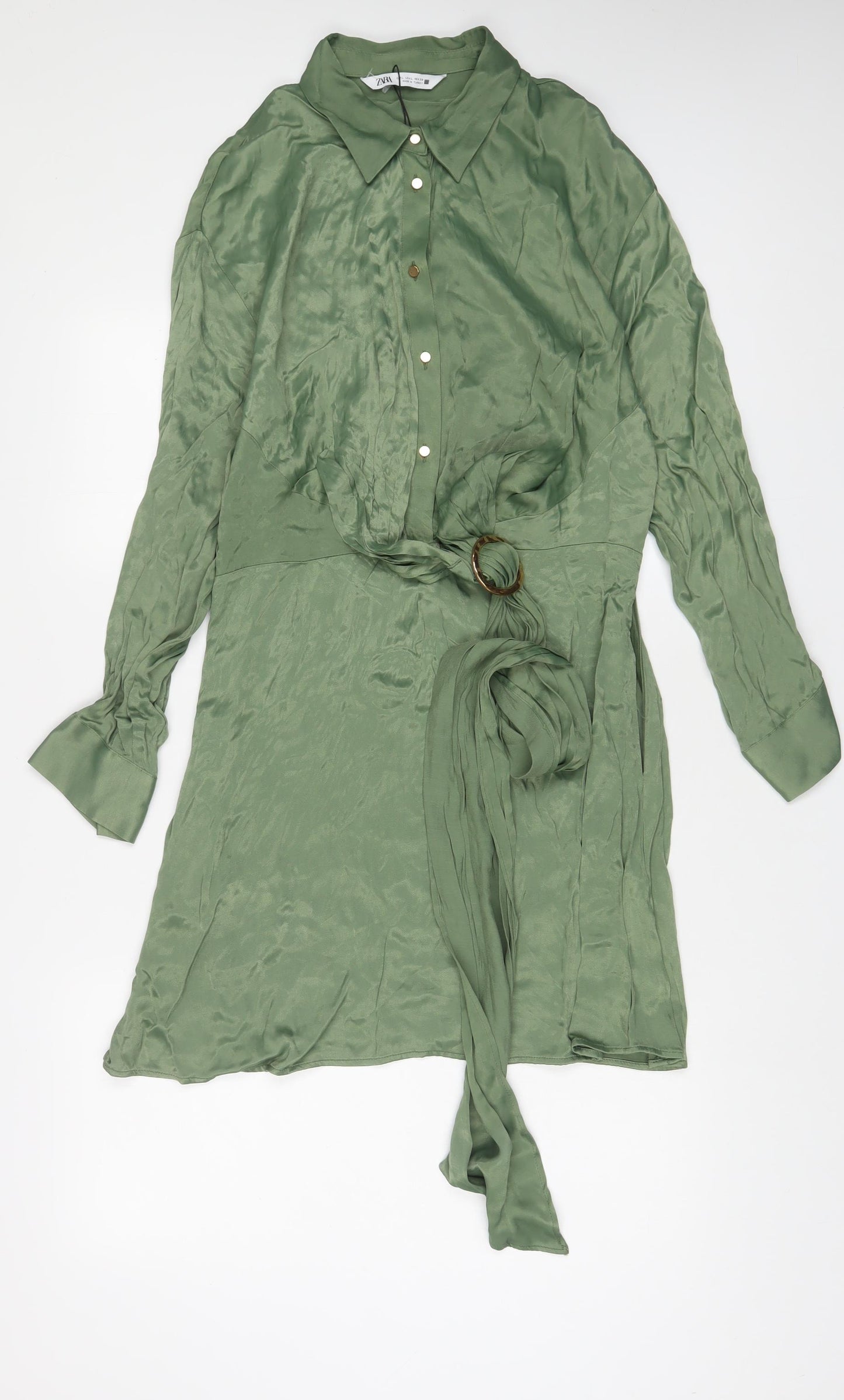 Zara Womens Green Viscose A-Line Size L Collared Button - Belted