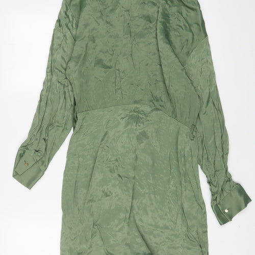 Zara Womens Green Viscose A-Line Size L Collared Button - Belted