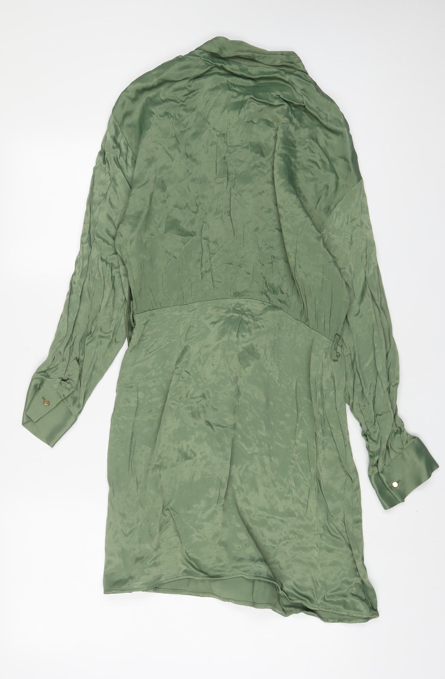 Zara Womens Green Viscose A-Line Size L Collared Button - Belted