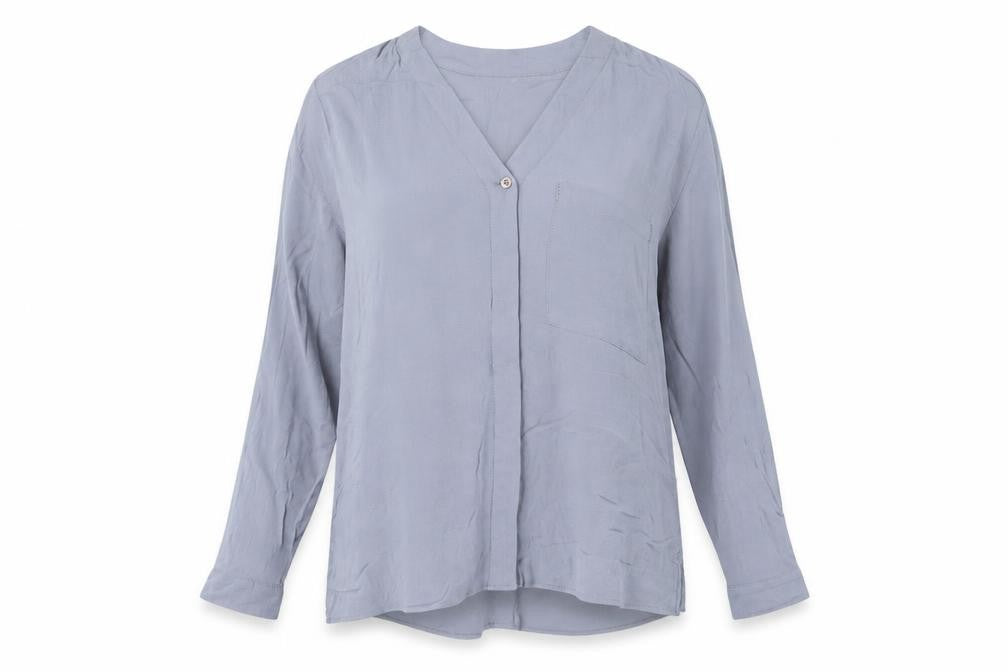 Front view of Topshop women’s blue viscose basic blouse, size UK 8, v-neck