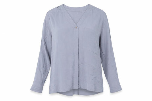 Front view of Topshop women’s blue viscose basic blouse, size UK 8, v-neck